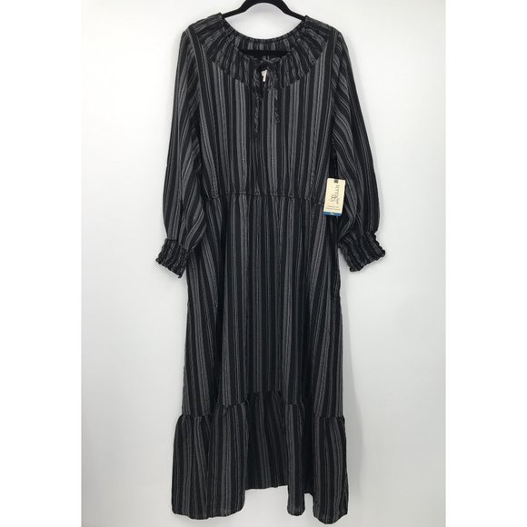 Terra & Sky Peasant Tiered Boho Maxi Dress Black Ikat Striped 2X NEW - Picture 2 of 7